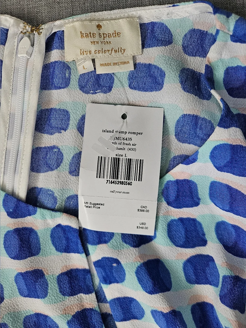 NWT Kate Spade Island Stamp Geometric Romper Preppy Summer Resortwear Size L